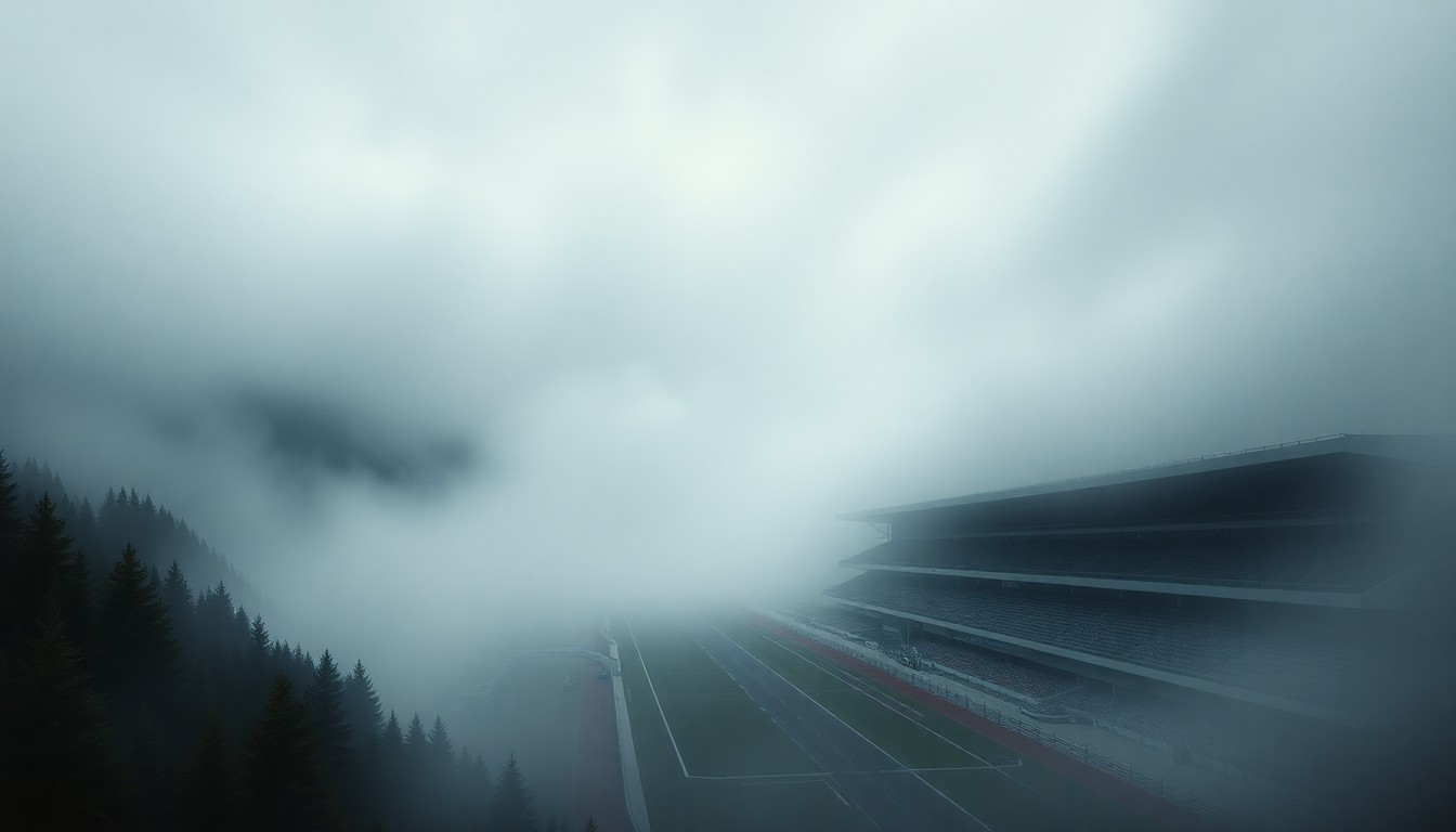 A sweeping, atmospheric landscape painting in muted tones, with a faint outline of a racetrack and grandstands barely visible through a thick, swirling fog, conveying the overwhelming scale of the natural environment.
