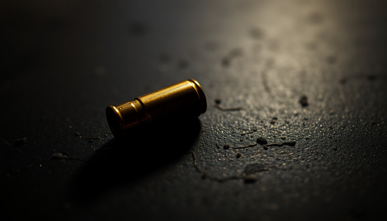 An extreme close-up photograph of a single spent bullet casing on a dark, textured surface, lit by a harsh, direct camera flash, conceptually representing the violence that took the life of social media influencer Yarely Ashley Hermosillo.