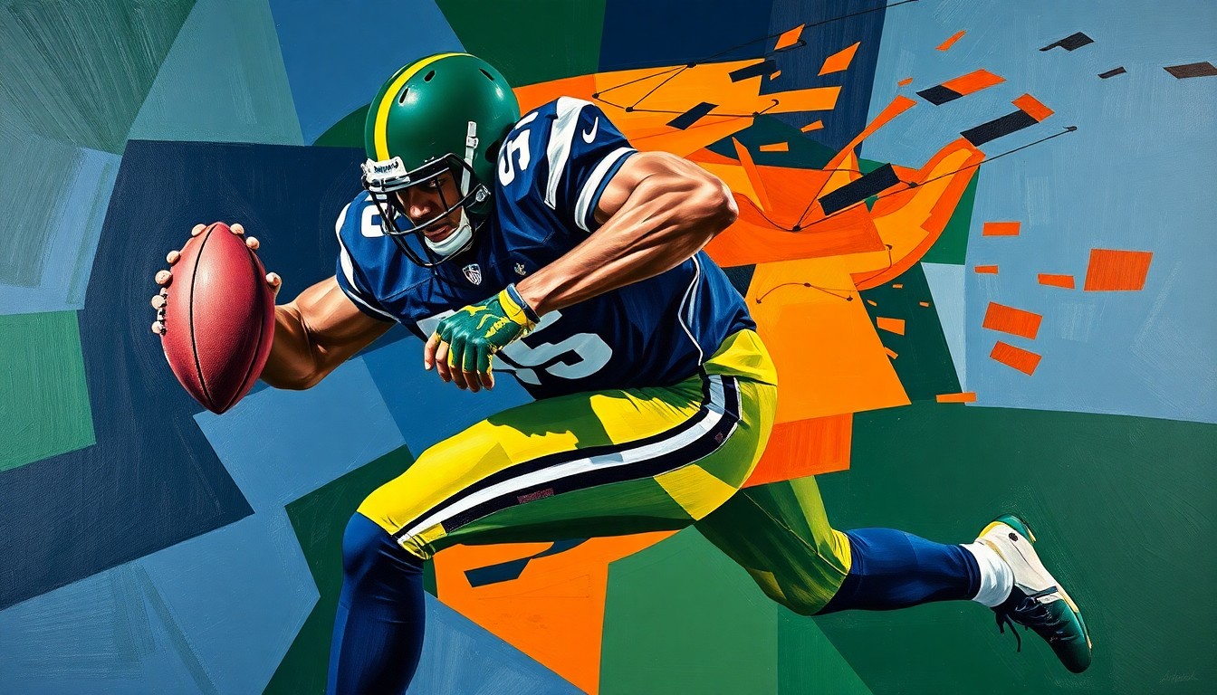 A fragmented, geometric painting depicting the forceful movements of a defensive tackle making a tackle, the player's form broken down into sharp, overlapping planes of navy, green, and orange.