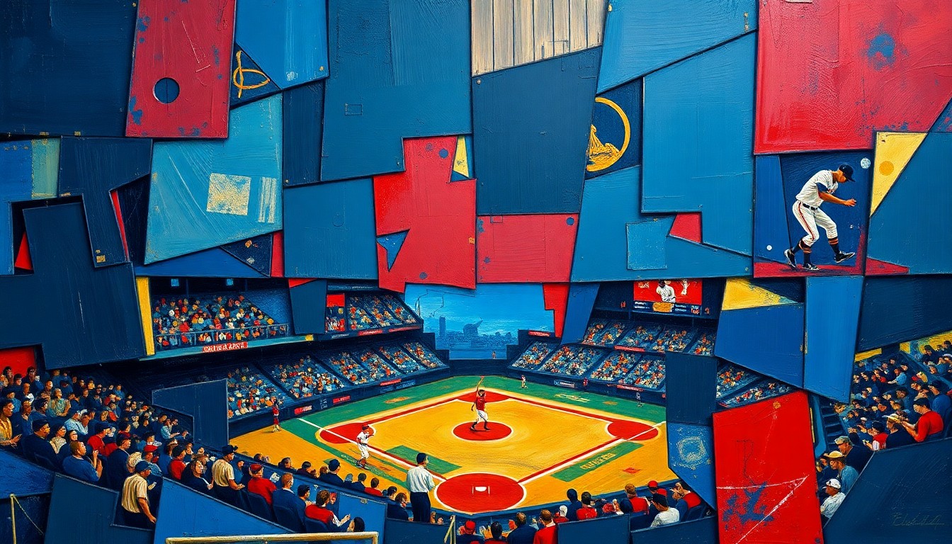A cubist, geometric illustration depicting a fragmented baseball game or match, with sharp, overlapping planes of navy blue, crimson red, and gold, conveying the complex challenges the new Padres owner must navigate.