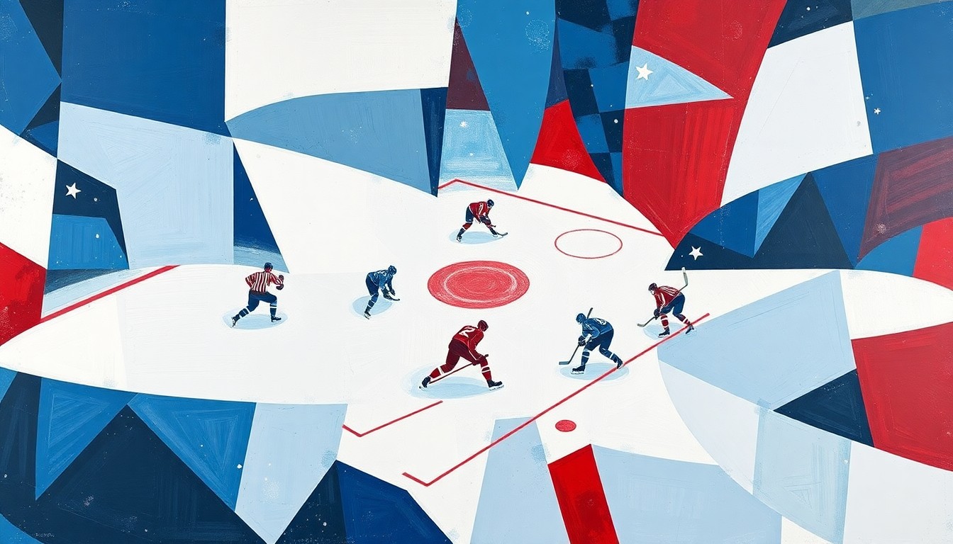 A cubist, geometric painting depicting a hockey game broken down into overlapping planes of blue, red, and white, conveying the dynamic energy and unpredictability of the sport.