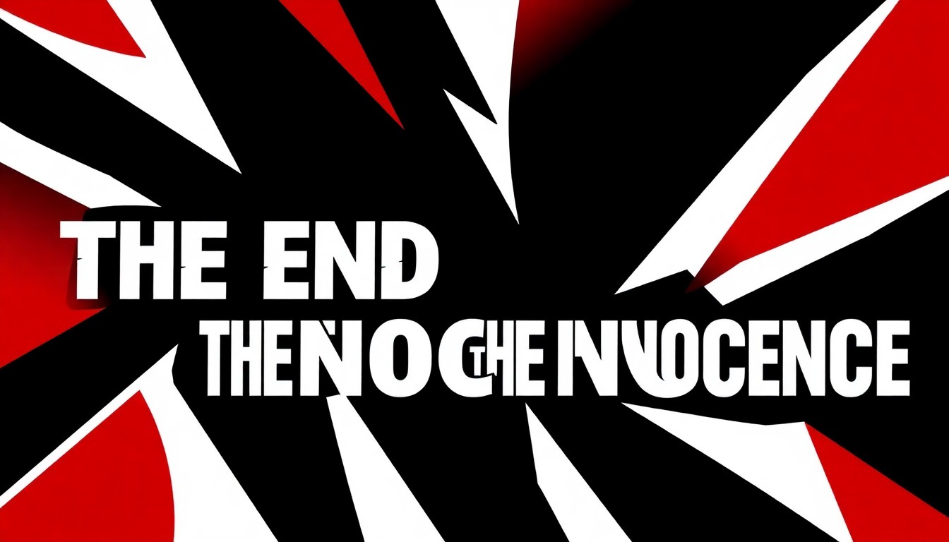 A bold, abstract composition of angular, overlapping black and red shapes against a stark white background, conceptually representing the iconic album cover of Don Henley's 'The End of the Innocence'.
