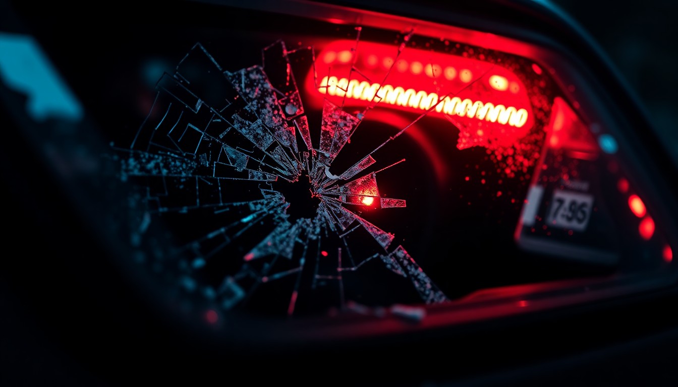 An extreme close-up of a shattered car sensor lens reflecting a faint red light, conceptually illustrating the vandalism of self-driving cars.