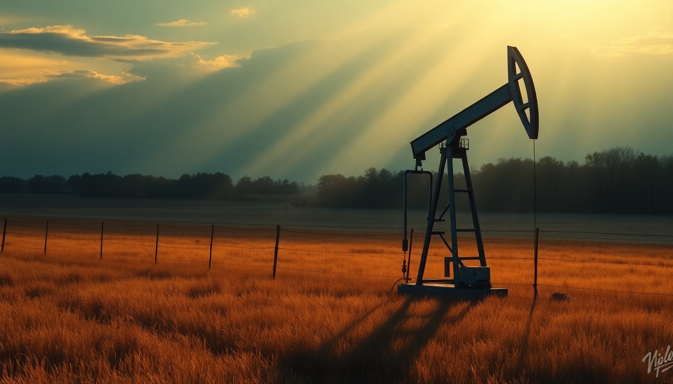 A serene, nostalgic painting of a solitary oil pump jack standing alone in a rural New York field, with warm sunlight casting long shadows across the landscape, conceptually representing the legal and economic challenges surrounding the state's fracking policies.