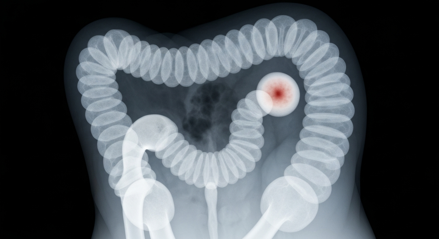 A translucent, ghostly X-ray image revealing the internal anatomy of a human colon, with a faint tumor-like structure visible, conceptually representing the importance of early detection for colon cancer.