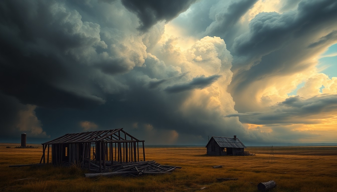 A vast, majestic landscape painting depicting a massive, swirling supercell thunderstorm dominating the horizon, with the twisted remains of a destroyed structure dwarfed by the overwhelming scale and energy of the natural elements.