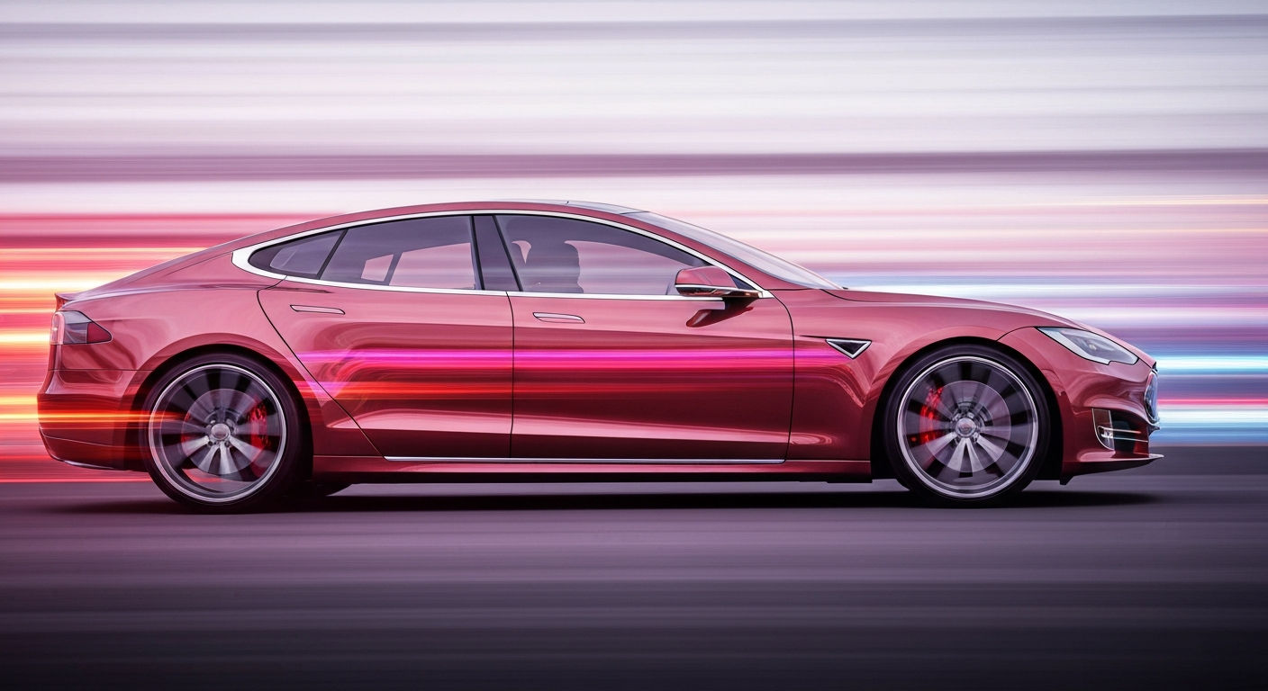 An abstract, motion-blurred image of a Tesla Model S, its body and wheels reduced to sweeping streaks of vibrant color, conveying a sense of speed and modern engineering.
