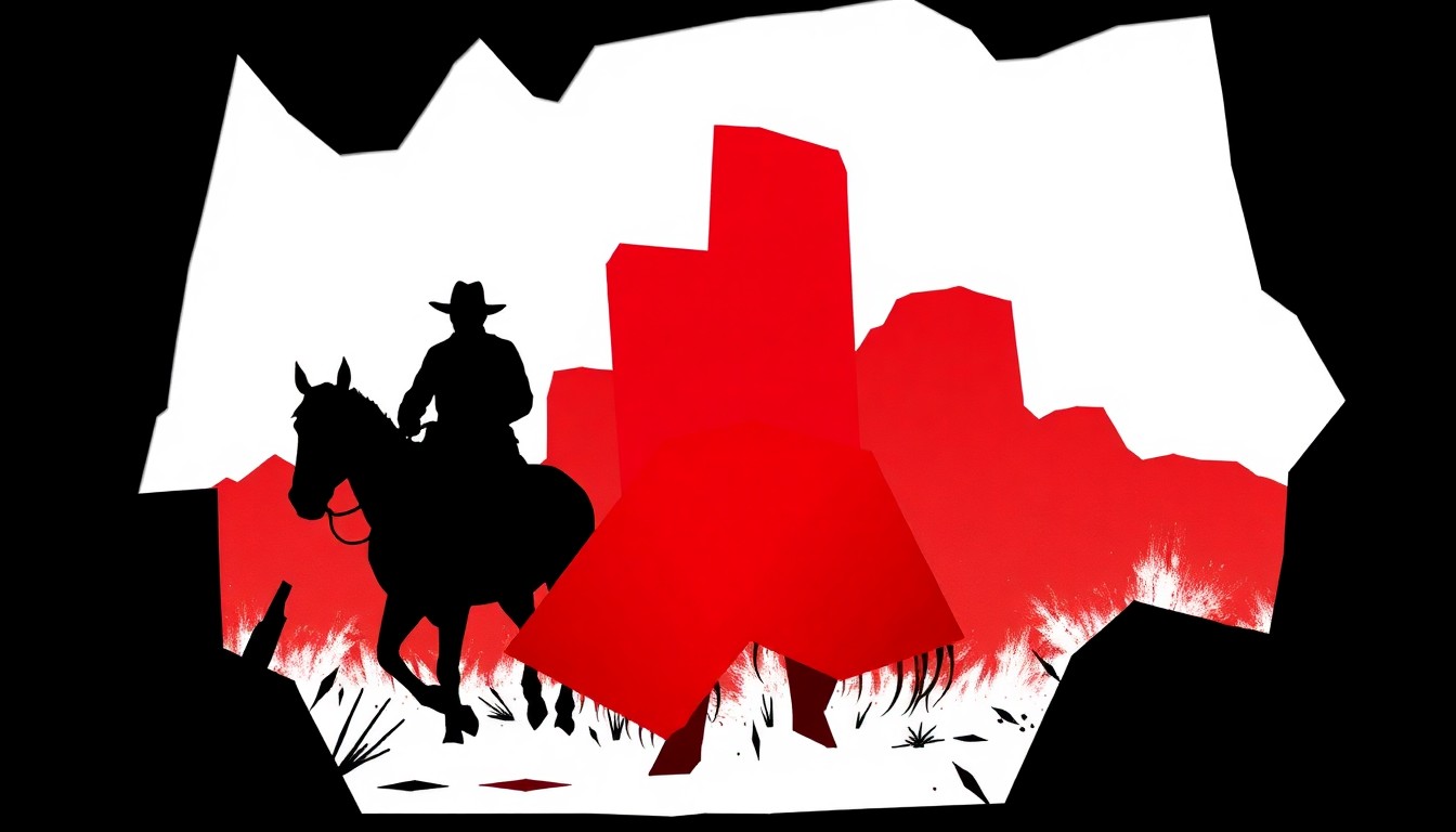 A striking abstract composition of jagged red and black geometric shapes, representing the dramatic and violent history of the outlaw Tiburcio Vásquez.