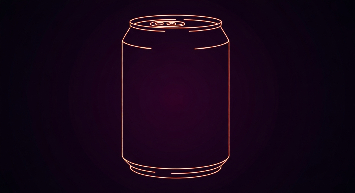 A minimalist design in the style of Keith Haring, where the outline of a soda can is defined entirely by glowing, vibrant neon lines against a deep, dark background, emphasizing the shape and electricity of the object.