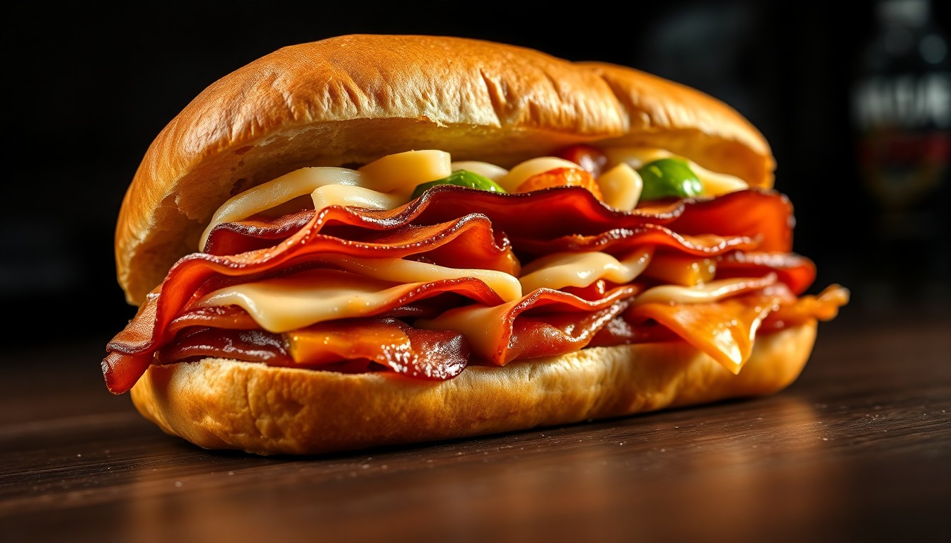 An extreme close-up photograph of a freshly made Pub Sub sandwich, with the bread, meats, cheeses, and toppings filling the frame in dramatic, high-contrast studio lighting to create a glamorous, high-fashion aesthetic.