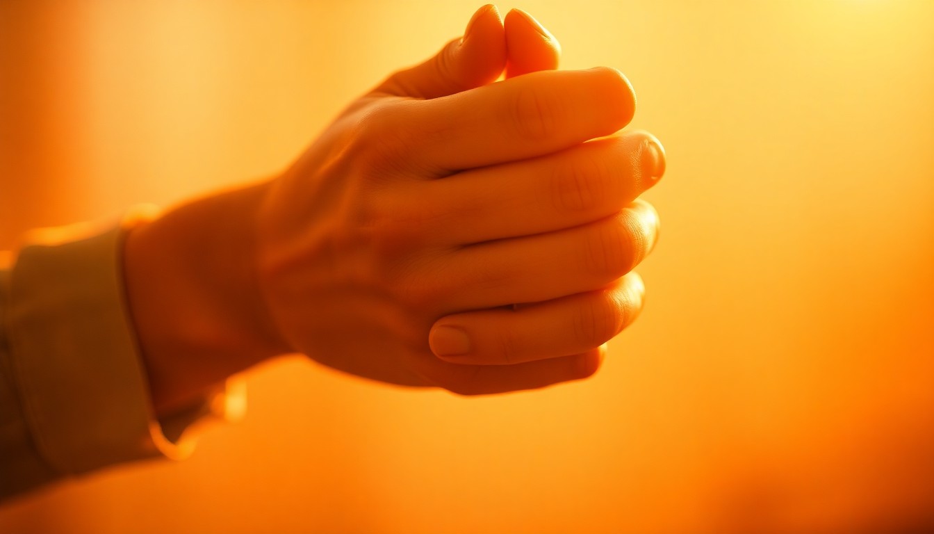 An extremely abstracted, out-of-focus photograph in soft pools of warm color and light, depicting a pair of hands clasped in prayer, conceptually representing the importance of faith and community in overcoming adversity.