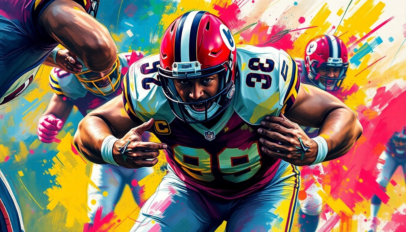 An abstract, neon-colored expressionist painting depicting a powerful defensive lineman bursting through the offensive line, with rapid brushstrokes and dissolving facial features capturing the raw energy of the play.