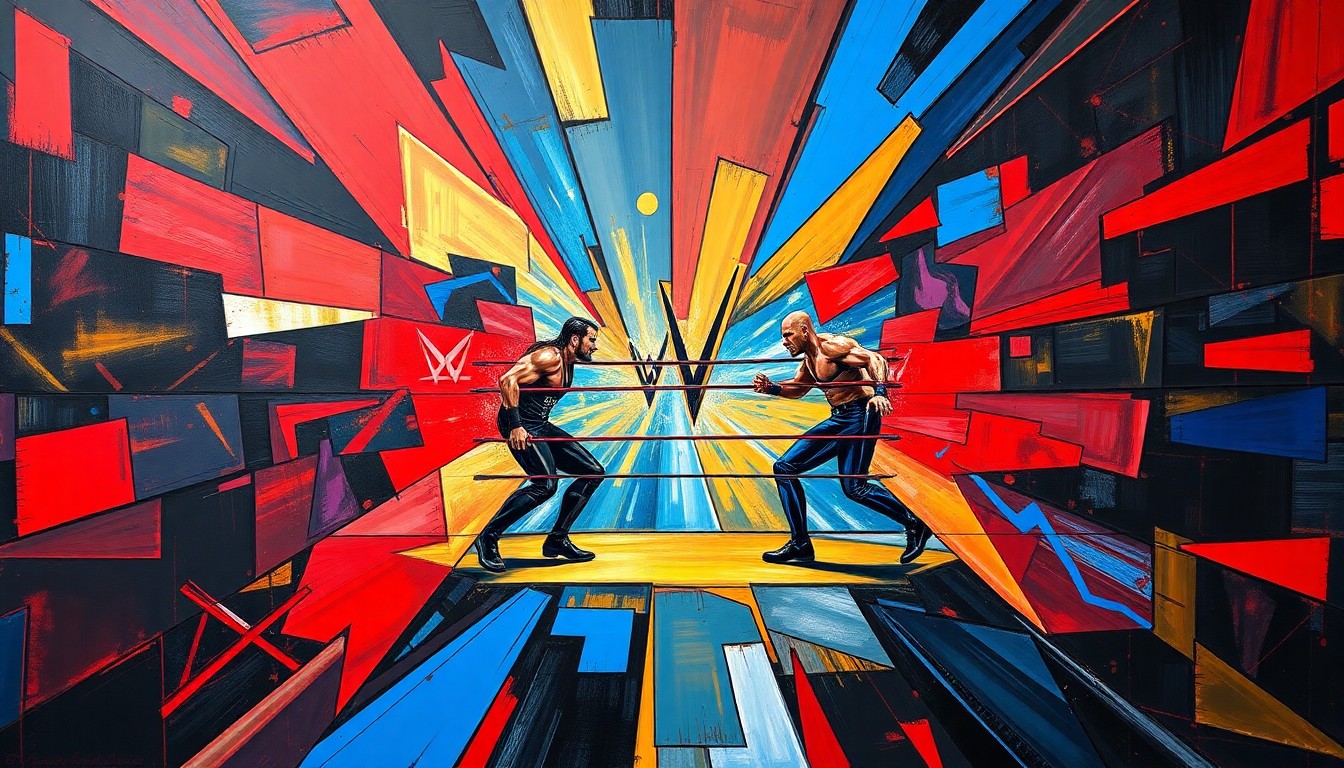 A fractured, multi-perspective painting in bold, overlapping geometric shapes and planes, using vibrant colors to depict the action and movement of a WWE wrestling match.