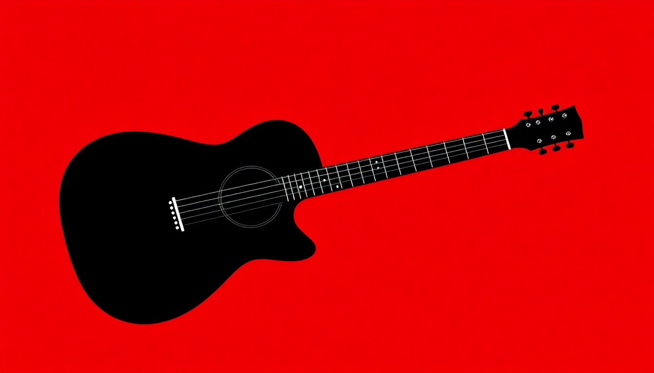 A stark, minimalist black silhouette of an acoustic guitar set against a bright red background, conceptually representing the energy and spirit of a country music festival.
