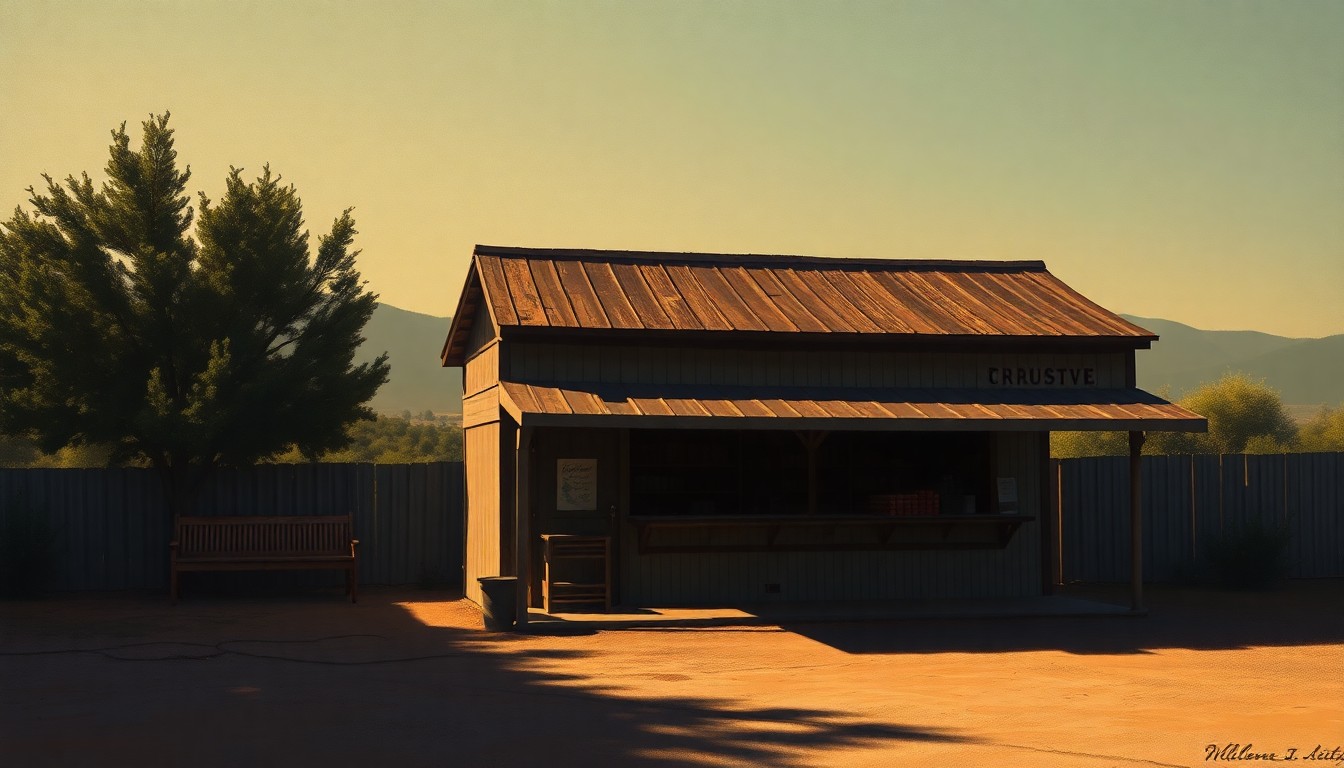 A warm, cinematic painting depicting an old, weathered fruit stand or orchard shed in Hollister, California, bathed in soft, diagonal sunlight and deep shadows, conveying a sense of nostalgia for the region's agricultural past.