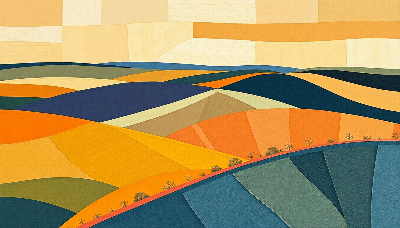 A cubist, geometric painting in earthy tones depicting the rolling hills and natural landscape of the Loess Hills region in Iowa, conceptually representing the tranquility that drew boxing legend George Foreman to choose this as his final resting place.