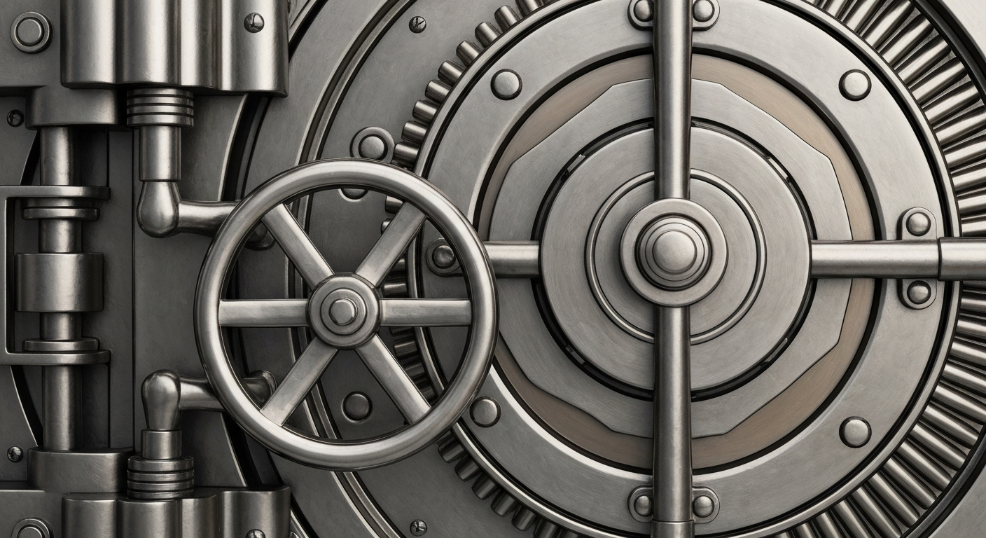A highly detailed, cinematic close-up of the complex mechanical components of a bank vault door, capturing the industrial strength and security of the banking system.