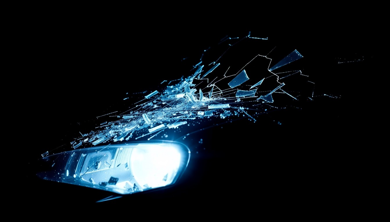 An extreme close-up photograph of a car's shattered windshield or crumpled fender, lit by a harsh, direct camera flash against a pitch-black background, conceptually illustrating the gritty aftermath of a high-speed crash.