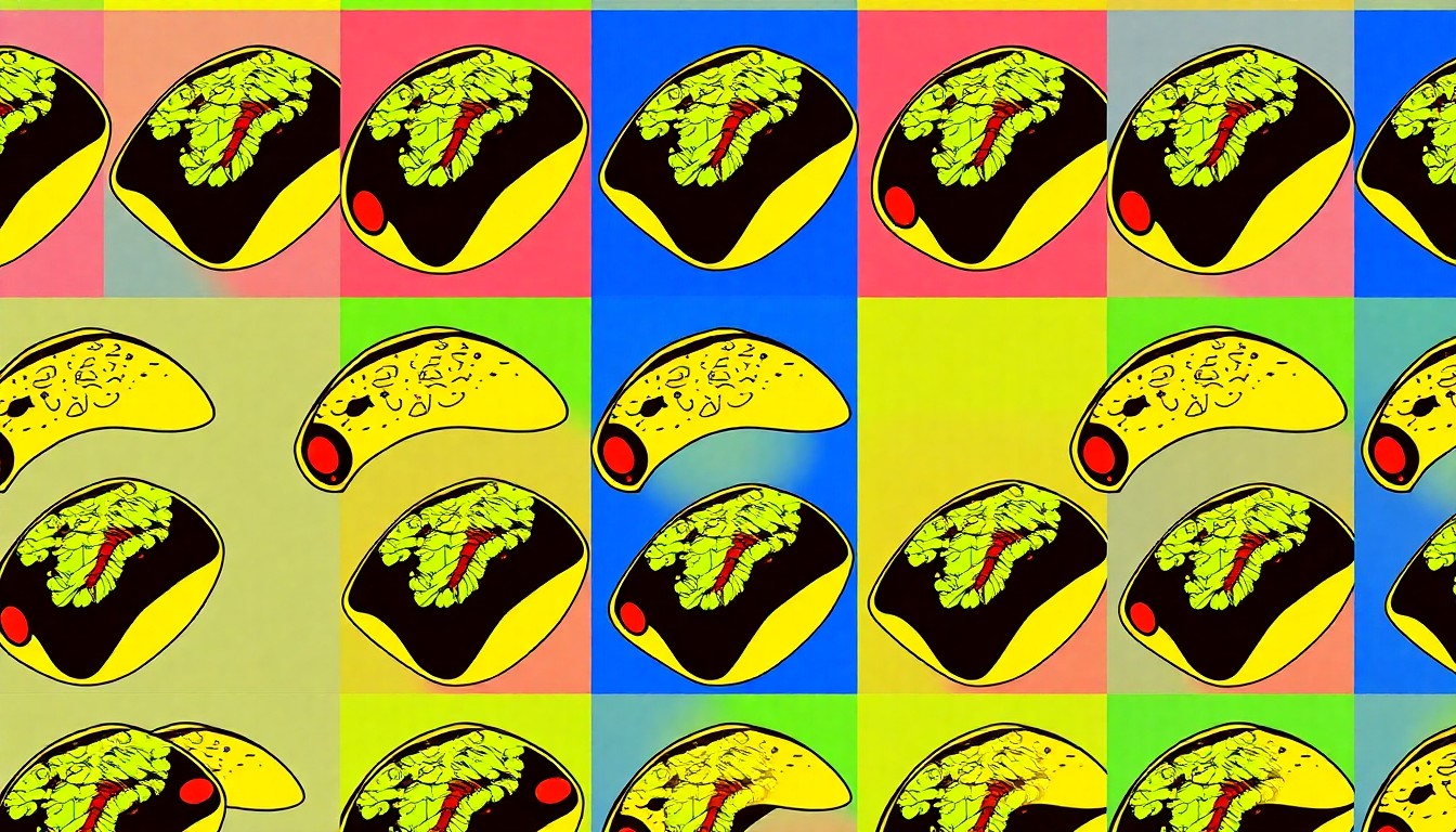 A high-contrast silkscreen print of a single, iconic Mexican dish like a taco or mole-covered enchilada, repeated in a tight grid pattern with flat, unnatural neon colors and heavy black outlines, conceptually representing the bold, creative approach to traditional Mexican cuisine at Maria Isabel.