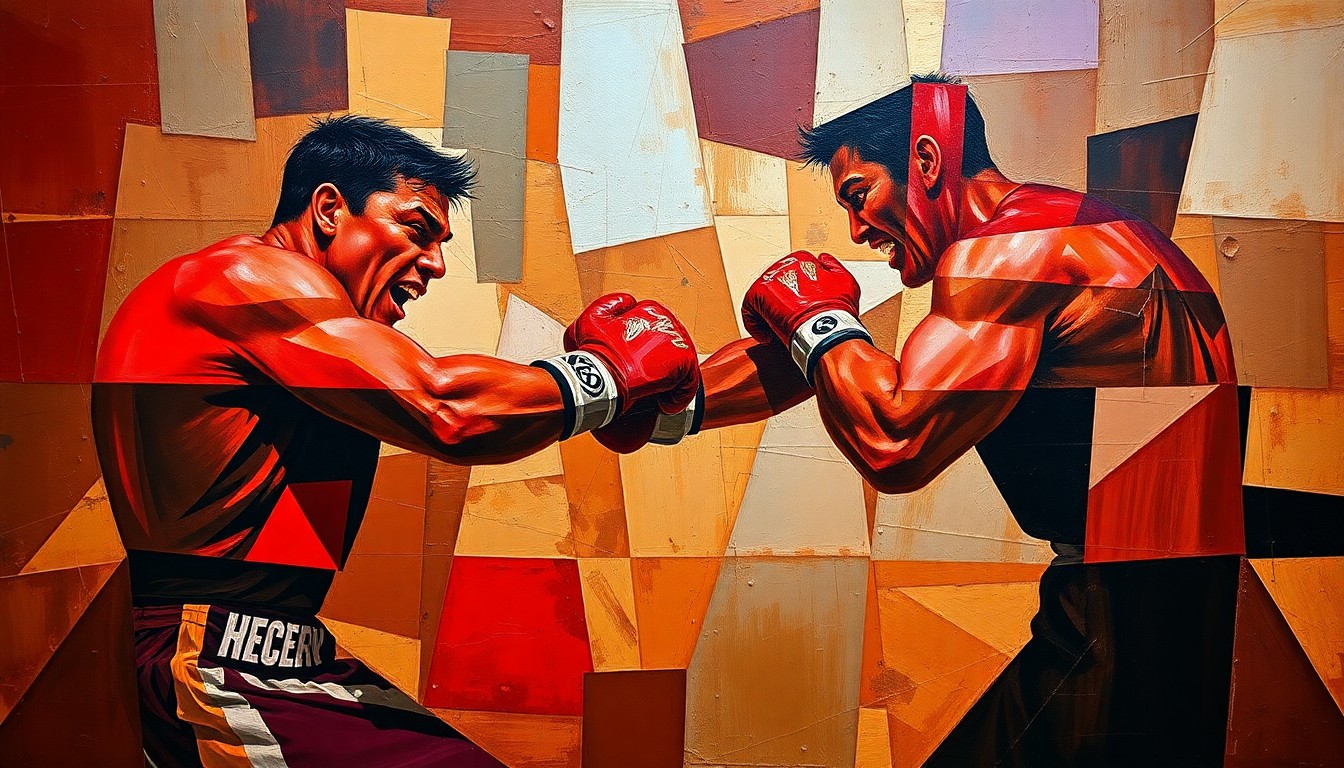 A fragmented, geometric painting depicting a boxing match or training session, with sharp planes of deep red, brown, and ochre colors creating a dynamic, multi-angled composition.
