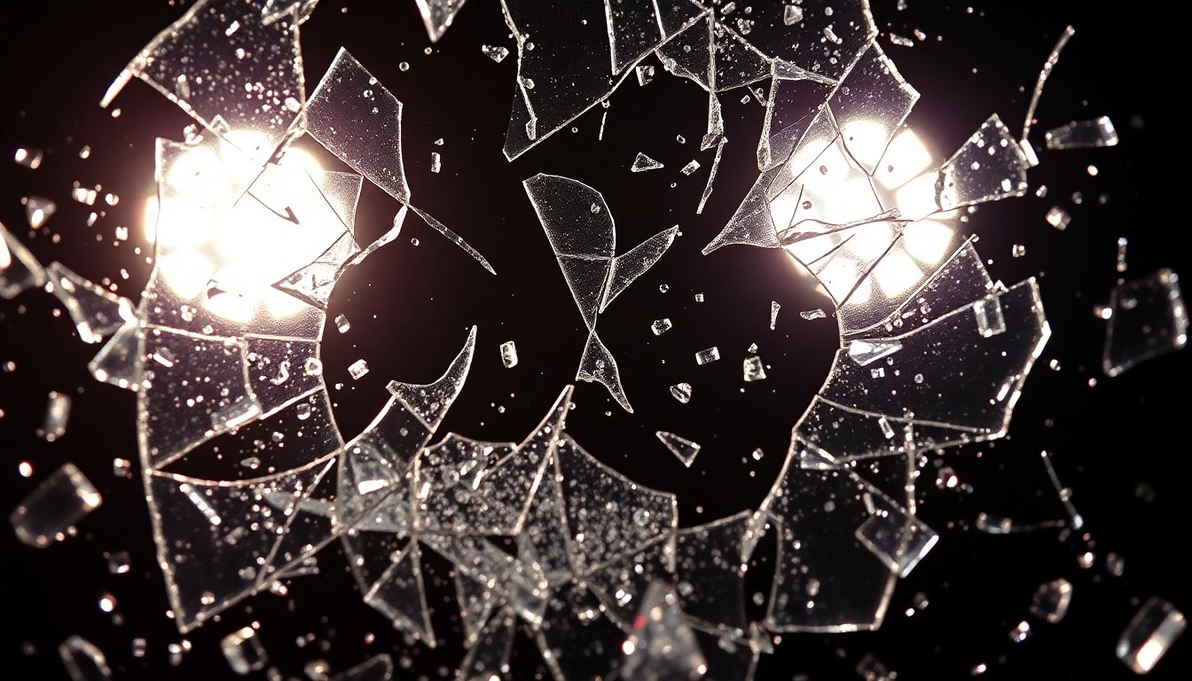 An extreme close-up of shattered glass reflecting dramatic studio lighting, conceptually representing the chaotic and intimate filming process to capture the elusive Lorne Michaels.