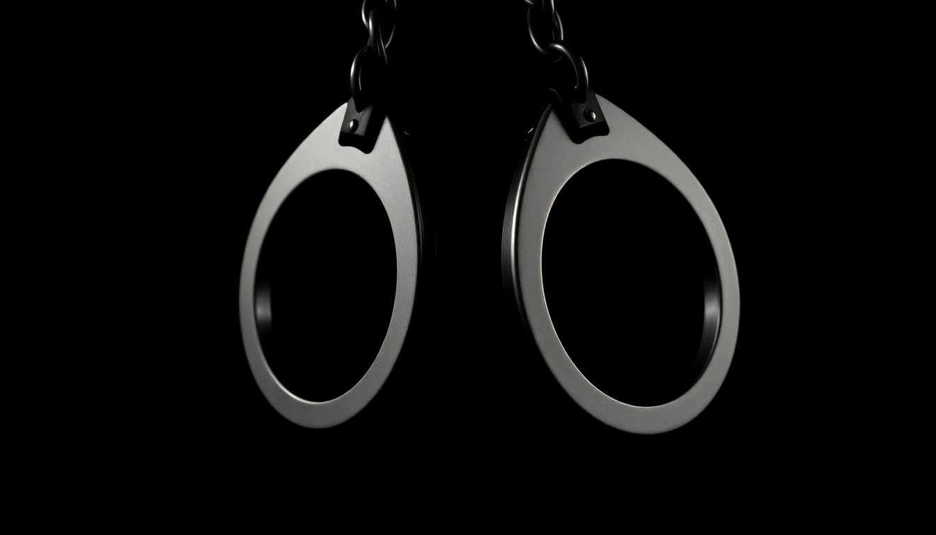An extreme close-up photograph of a pair of metal handcuffs against a stark black background, the harsh lighting creating dramatic shadows and highlighting the textural details of the restraints.