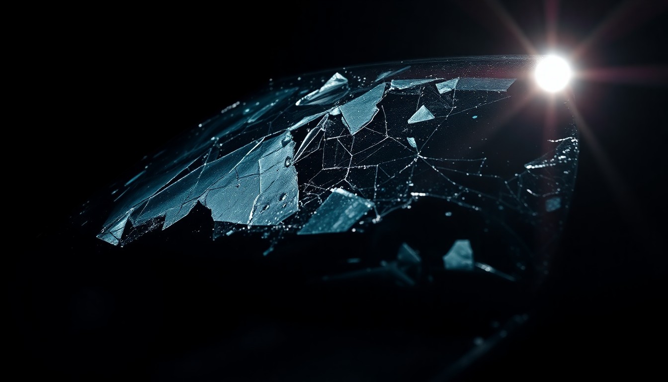 An extreme close-up photograph of a shattered car sensor or crumpled car part, capturing the gritty aftermath of a fatal highway crash through dramatic lighting and texture.