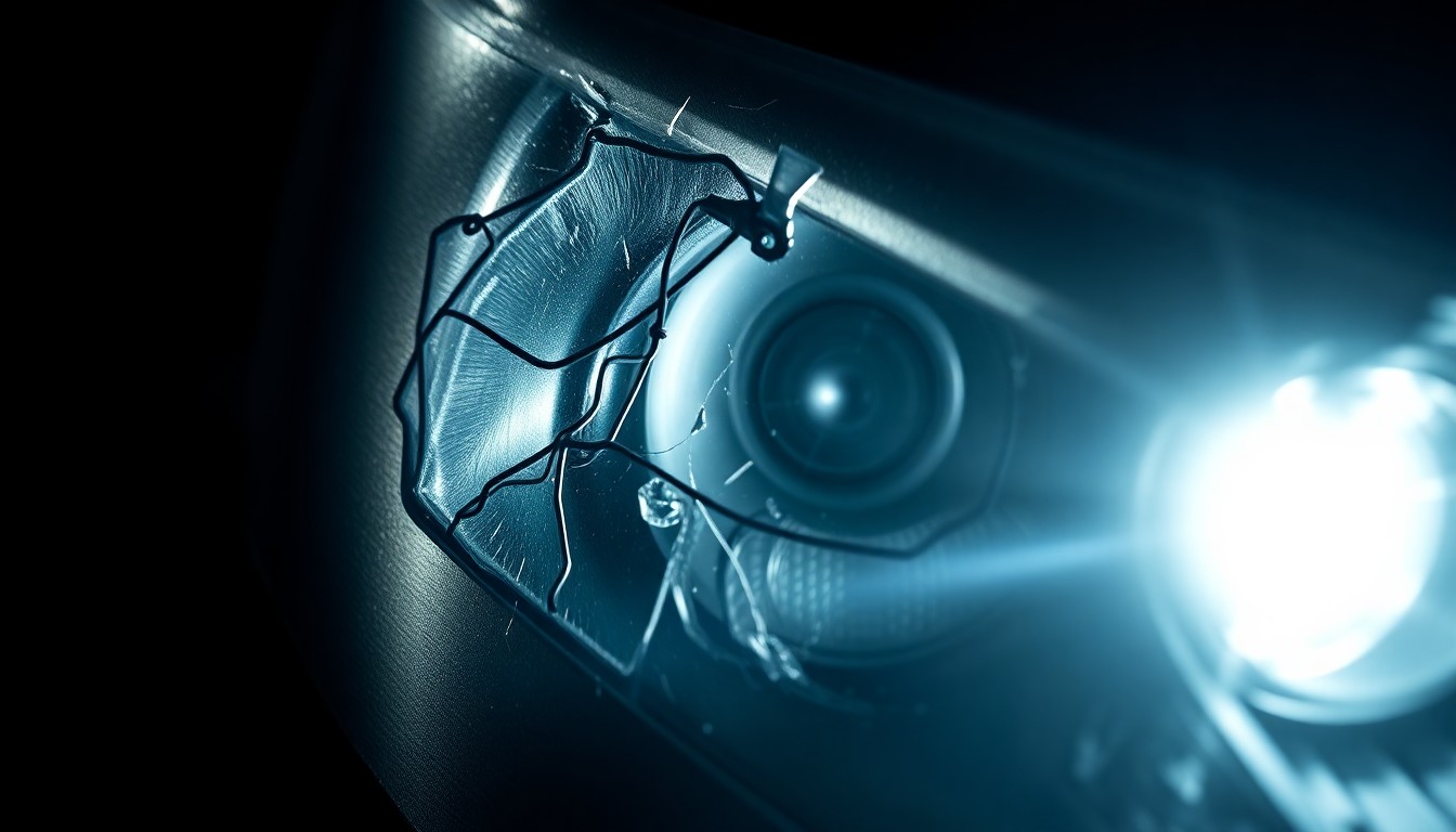 An extreme close-up photograph of a damaged car sensor or headlight lens, lit by a harsh, direct camera flash against a pitch-black background, conceptually illustrating the aftermath of a collision with a large animal on a rural road.