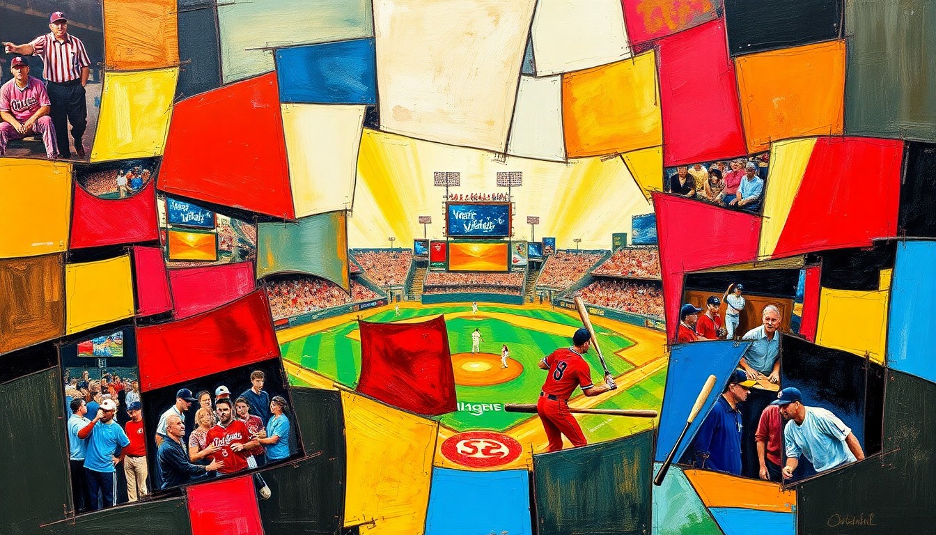 A cubist, geometric painting depicting the dynamic action of a baseball game, with overlapping shapes and planes of color representing the movement and energy of the sport.