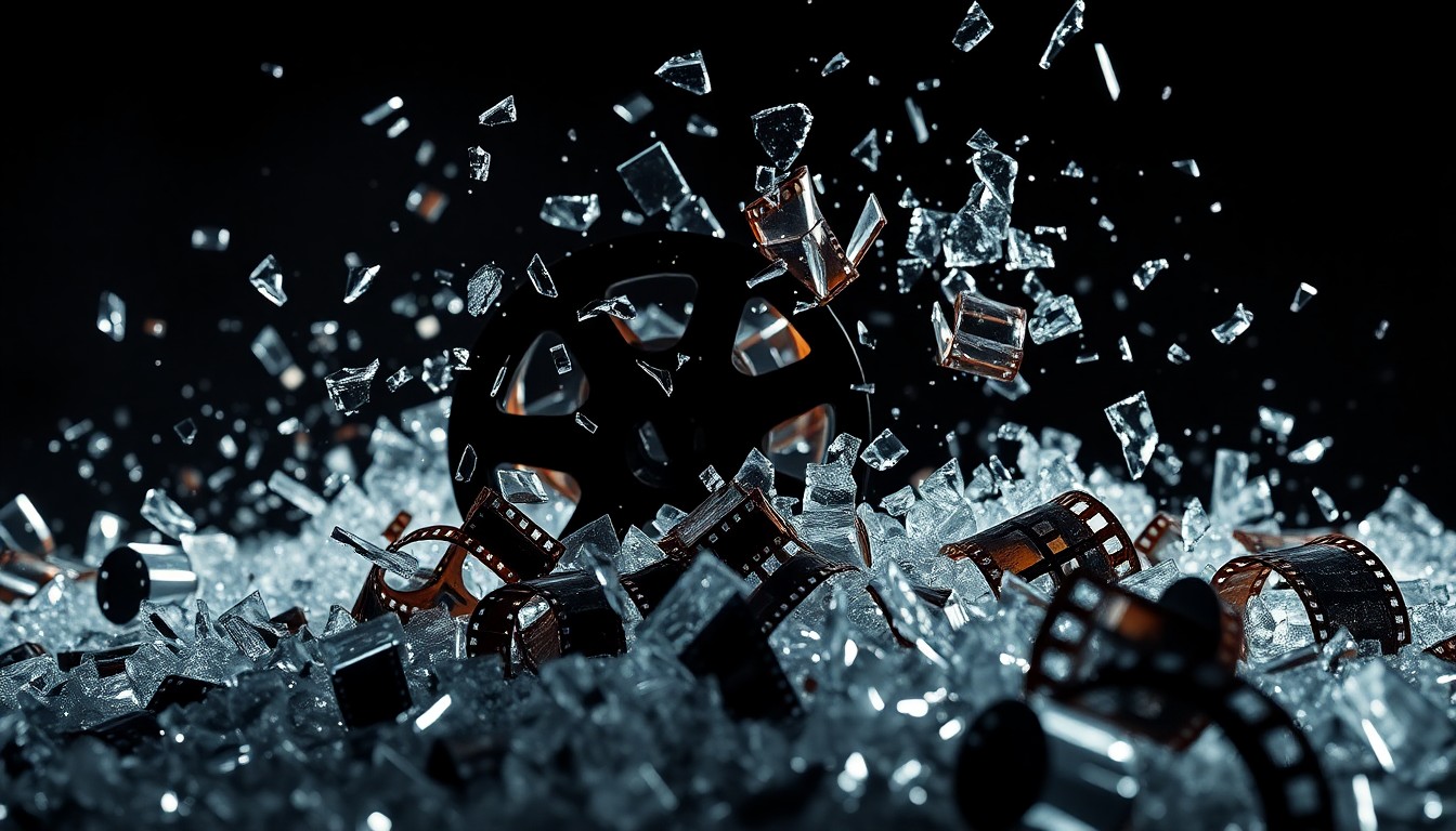 An abstract close-up image of shattered glass and crumpled film reels, captured in dramatic, high-contrast lighting to convey a sense of fragmentation and uncertainty surrounding the future of Hollywood's creative freedom.