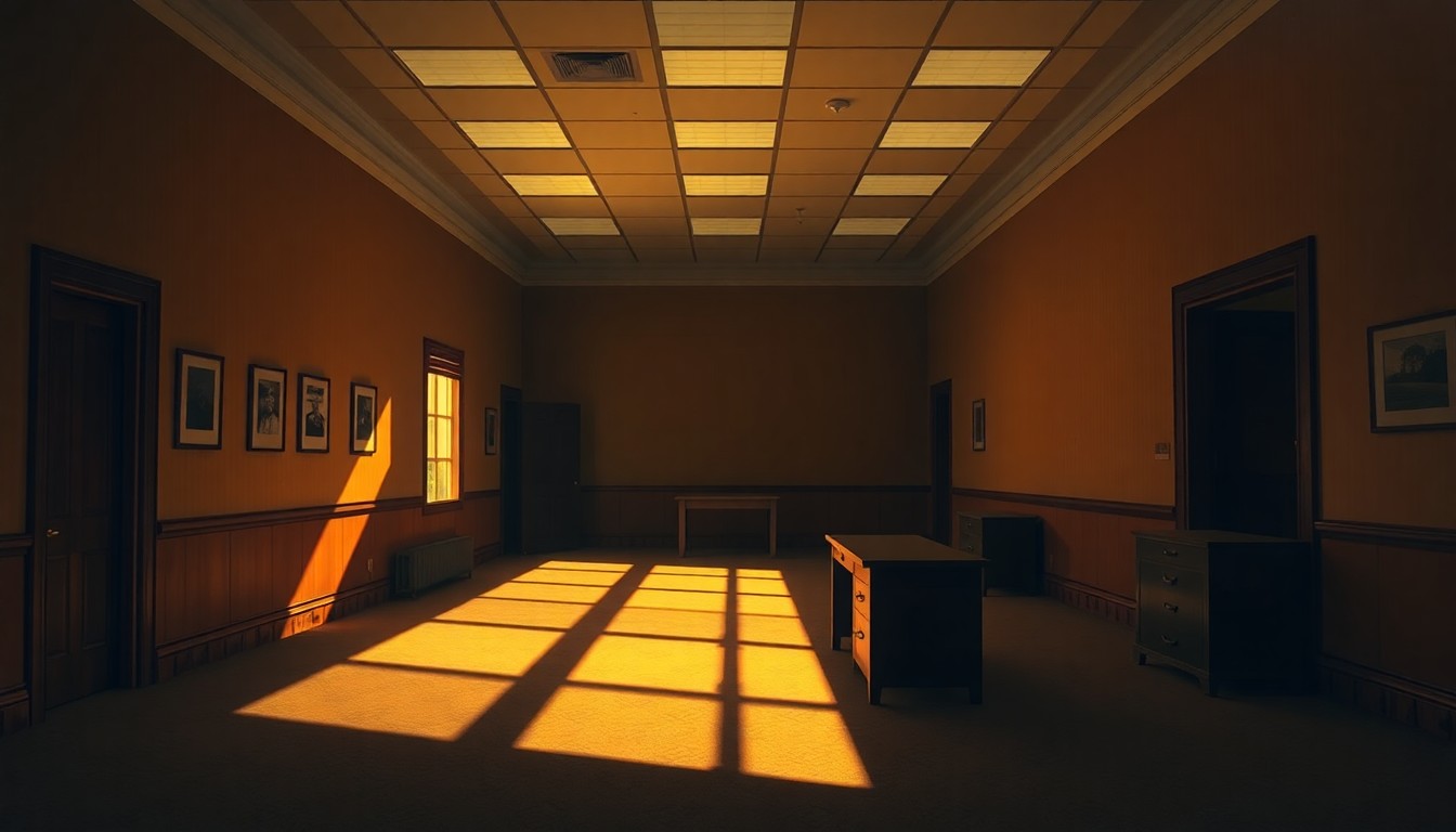 A dimly lit, cinematic painting of an empty government office space, with warm sunlight streaming through the windows and deep shadows covering the desks and chairs, conveying a sense of political tension and unease.