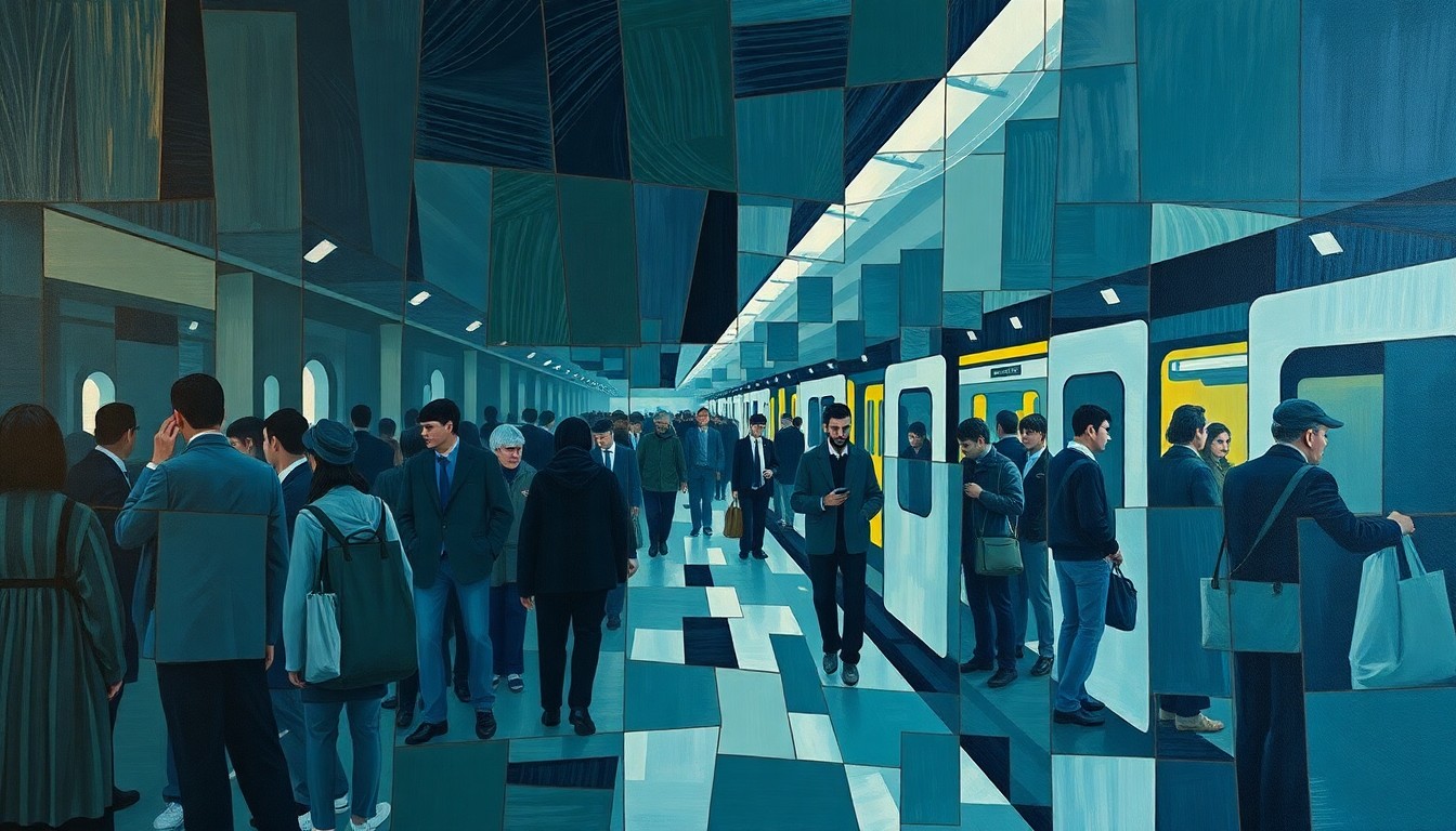 A fragmented, cubist-style painting depicting a crowded train platform with commuters and luggage, rendered in a palette of blues, grays, and greens, conceptually representing the challenges of transportation logistics for a major sporting event.