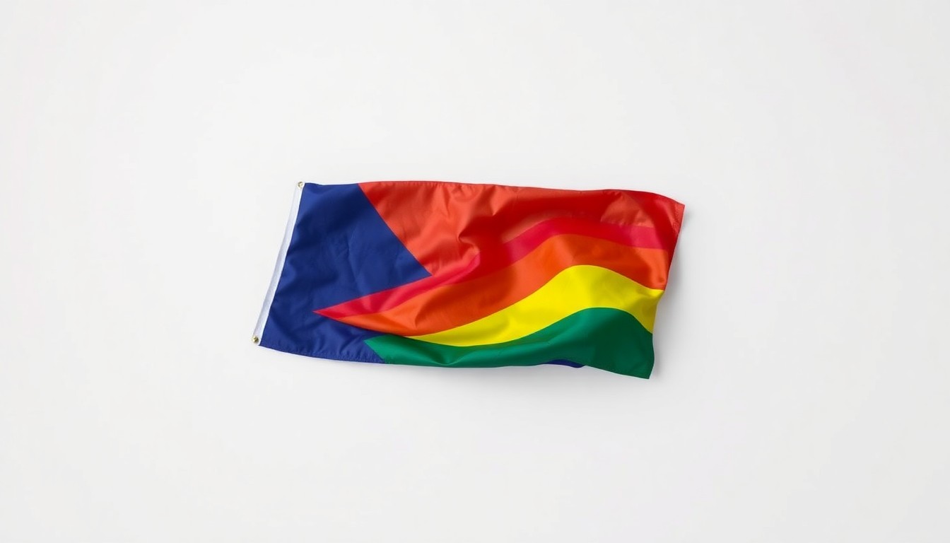 A photorealistic studio still-life image of a neatly folded Pride flag on a clean, monochromatic background, representing the symbolic importance of the Pride flag and Philz Coffee's decision to keep it displayed at all locations.