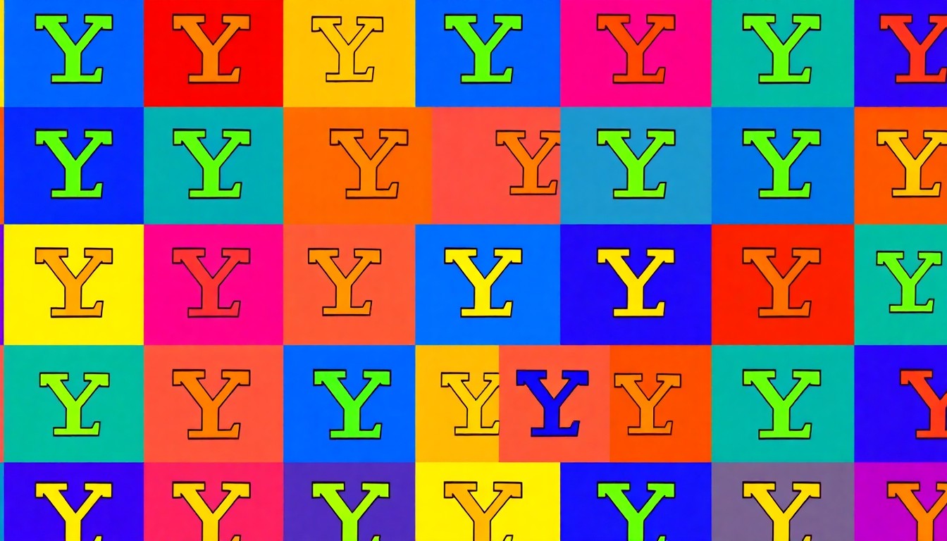 A brightly colored, high-contrast silkscreen print of the Yale University logo repeated in a tight grid pattern, utilizing flat, vibrant neon colors and heavy black outlines to transform the iconic symbol into a modern pop art piece.