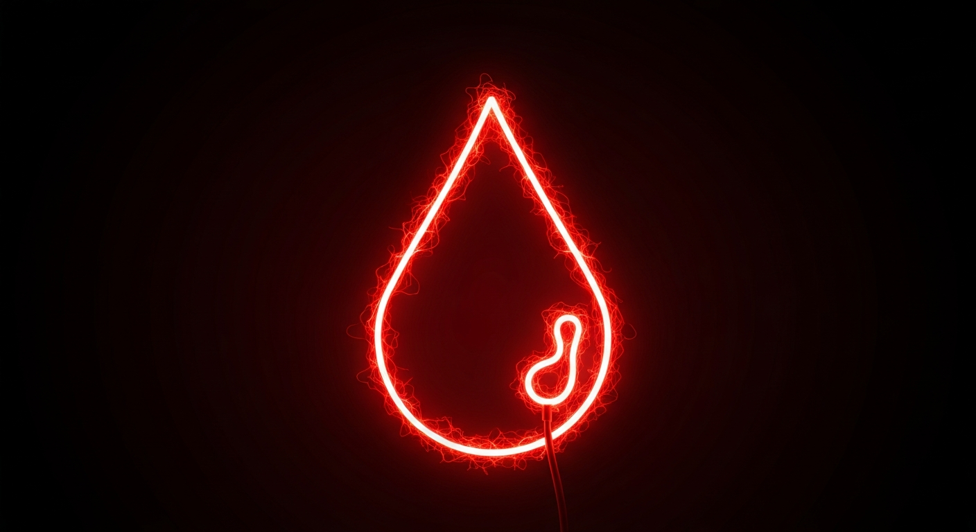 A glowing neon outline of a pulsing blood drop against a dark background, capturing the vital energy of blood donations.