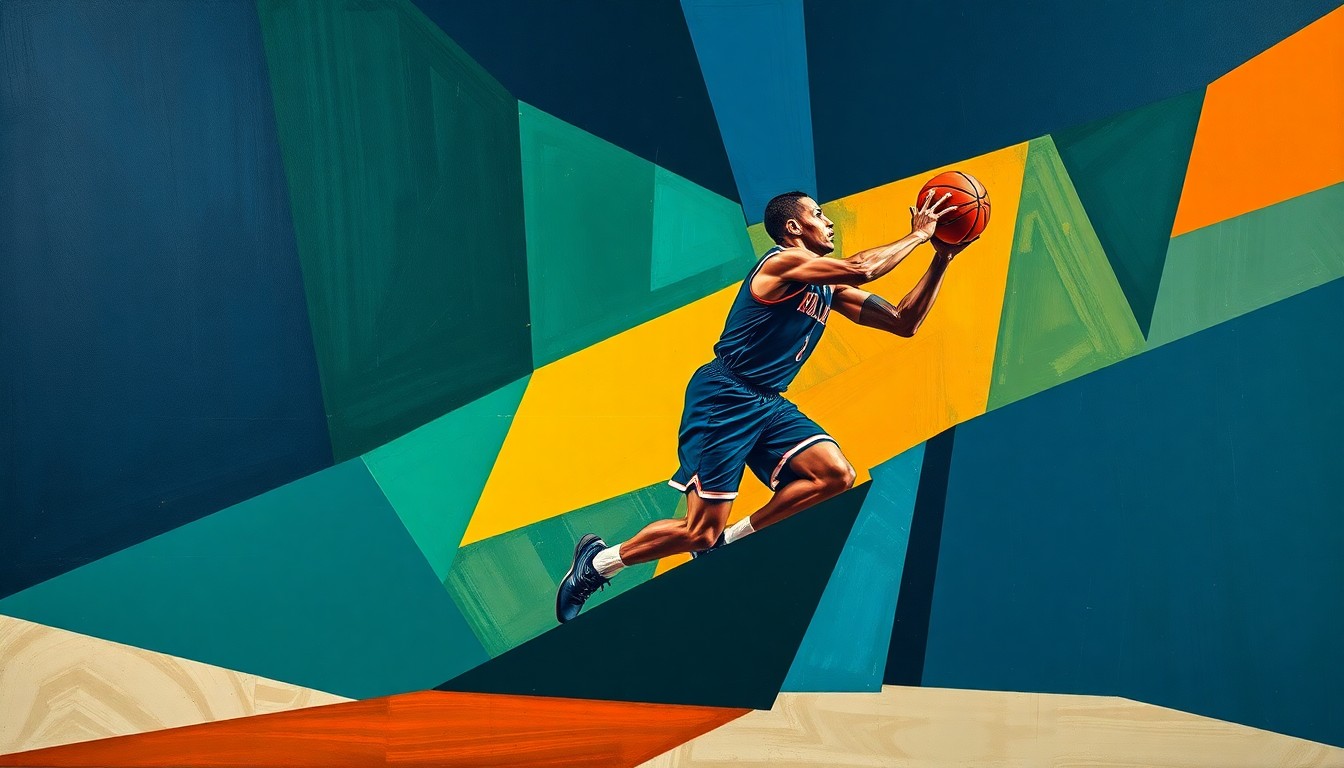 A cubist, geometric painting depicting a basketball player in motion, broken down into sharp, overlapping planes of navy, green, and orange, conceptually representing the complex personal and professional life of a prominent WNBA athlete.