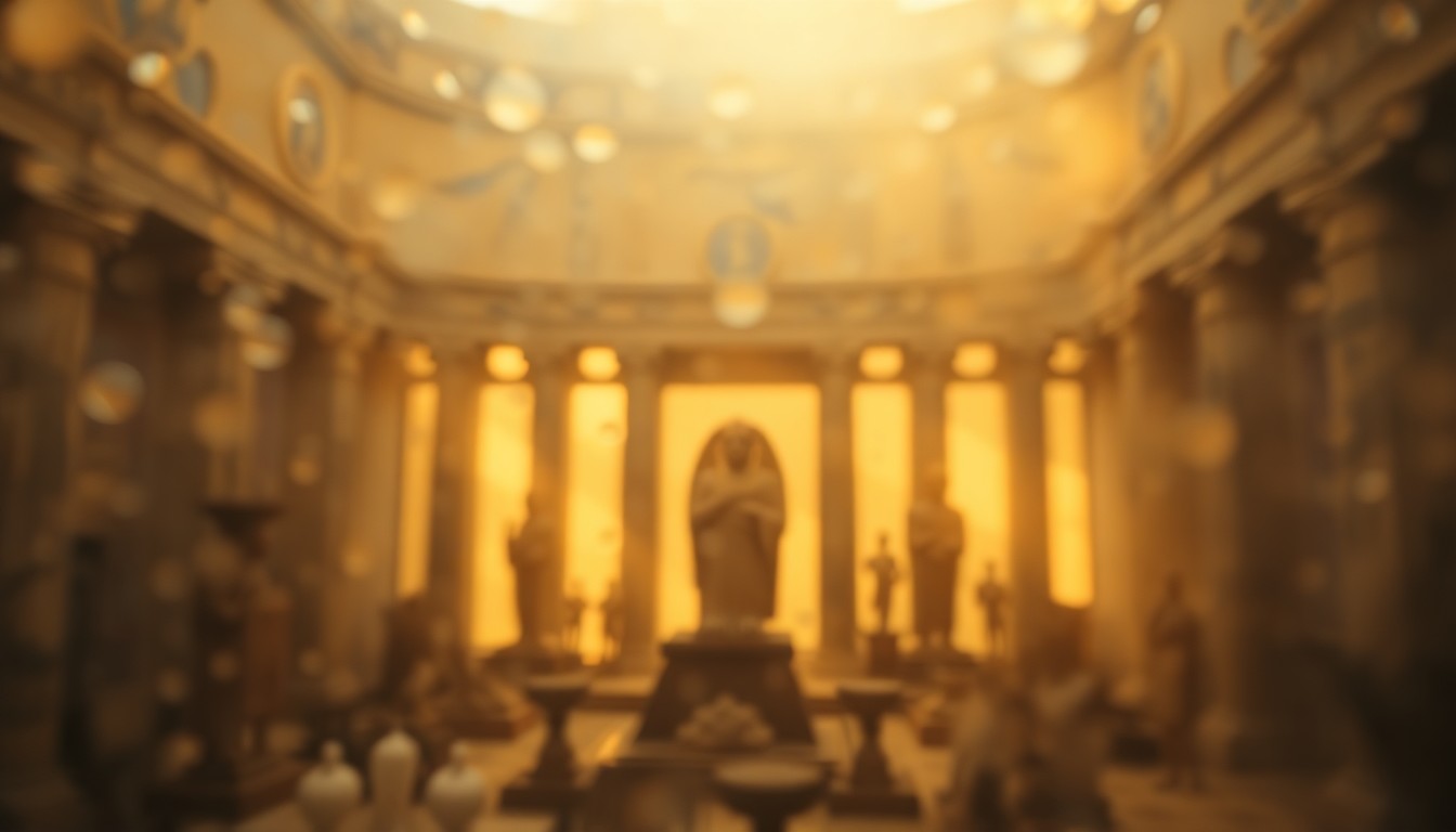 An abstract, impressionistic image of ancient Egyptian artifacts captured in a hazy, out-of-focus wash of warm, golden light, conveying a sense of the cultural significance and fragility of these recovered treasures.