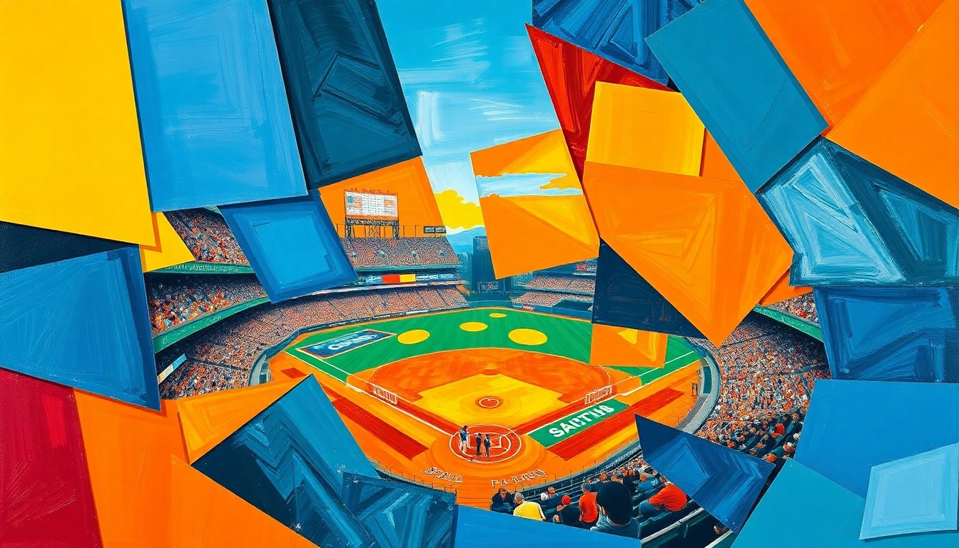 A cubist, geometric painting depicting a fragmented baseball game or match, with sharp, overlapping planes of color in a vibrant palette representing the energy and excitement of the Padres' success.