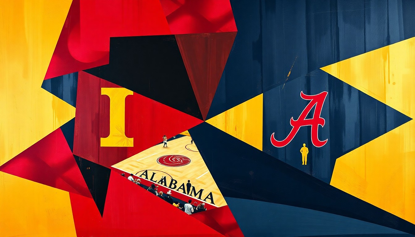 A cubist, geometric painting depicting a fragmented college basketball game, with sharp planes of crimson, navy, and gold representing the action on the court.