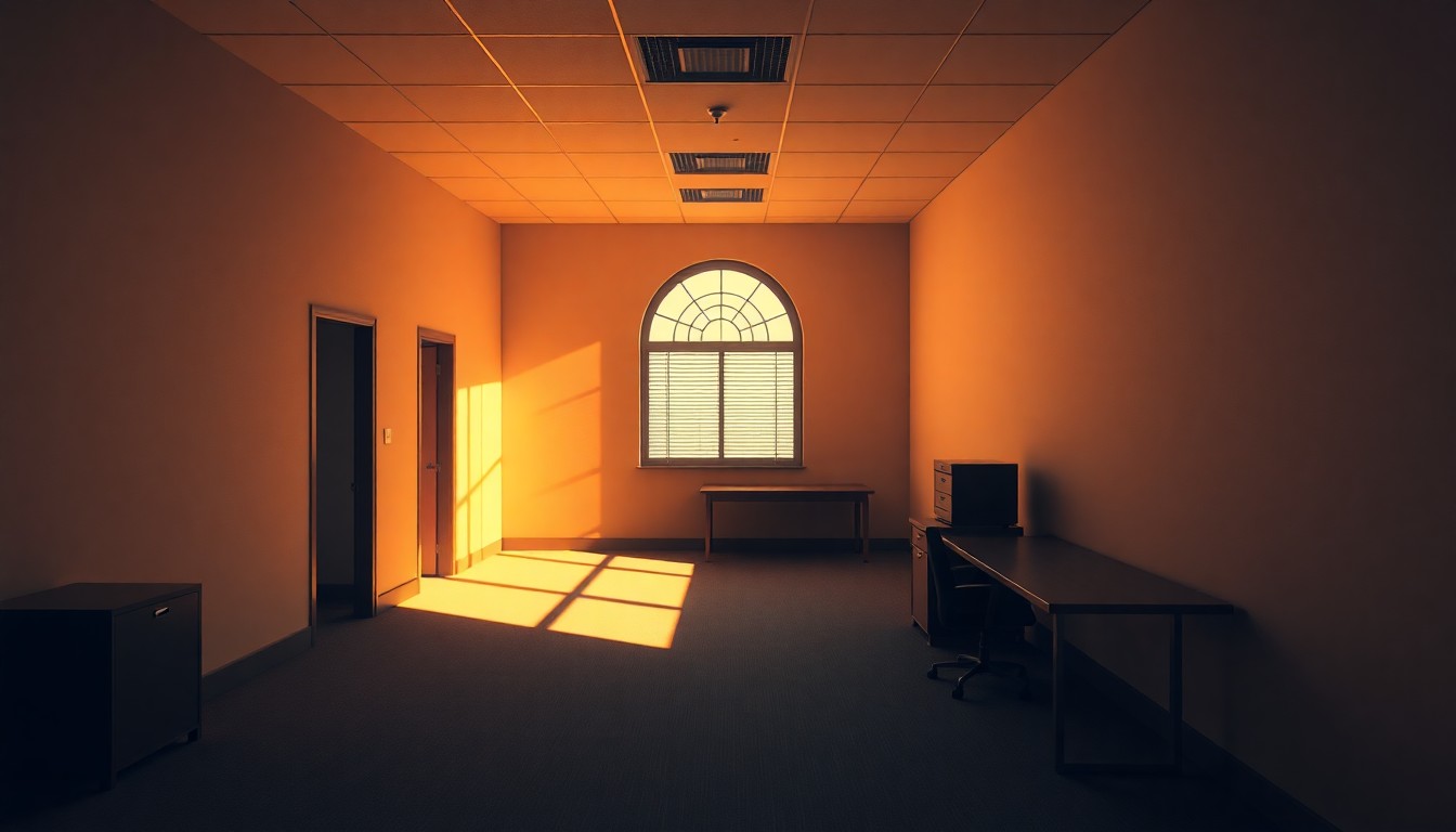 A dimly lit, cinematic government office space with an empty desk and chair bathed in warm, diagonal sunlight, conceptually representing the quiet power struggle over voter privacy rights.
