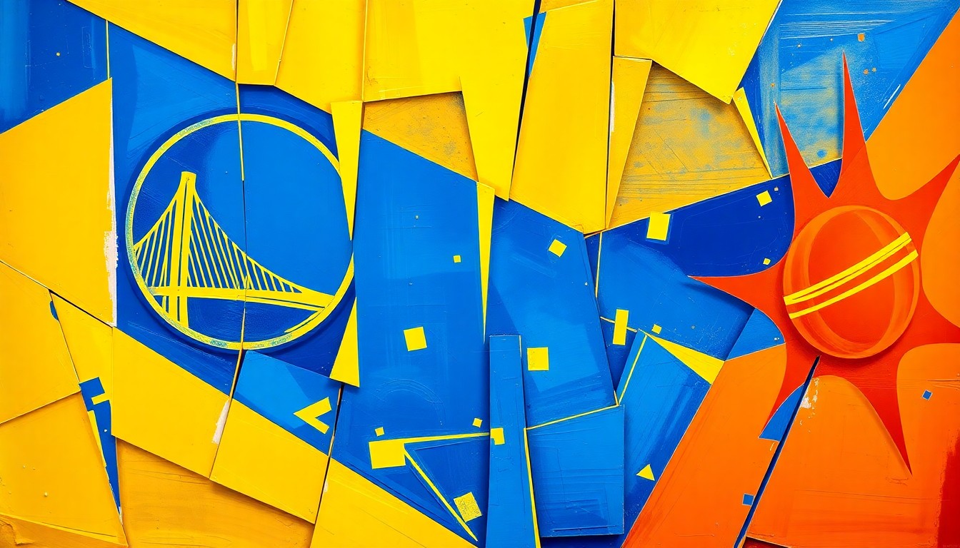 A fractured, multi-perspective painting depicting the intense action and competition of the Warriors-Suns play-in game, with sharp, overlapping geometric shapes in vibrant shades of yellow, blue, and orange.