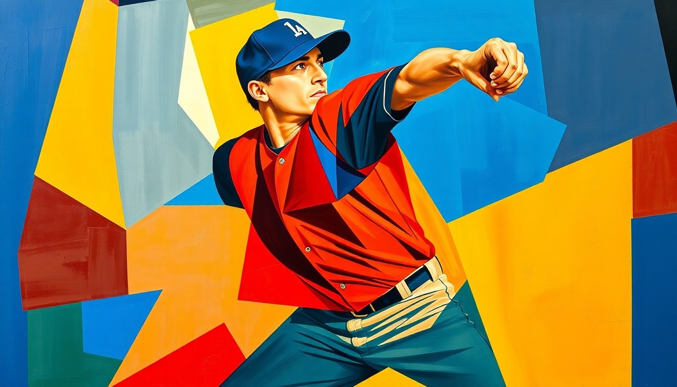 A fragmented, geometric painting depicting the motion of a baseball pitcher, with sharp planes of royal blue, bright red, and golden yellow creating a dynamic, abstract composition.