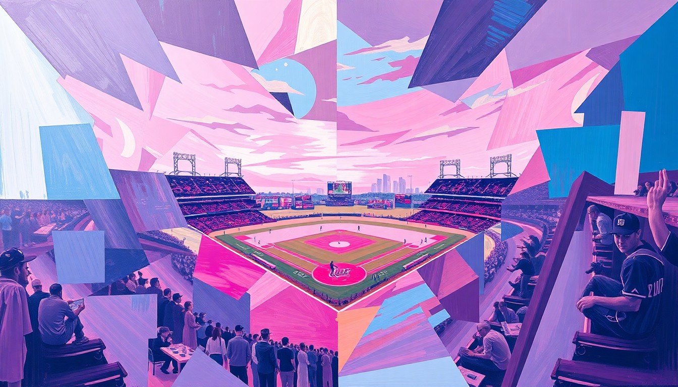 A cubist, geometric painting in shades of pink, purple, and blue, depicting a fragmented baseball game or match, representing the emotions of honoring a lost child.