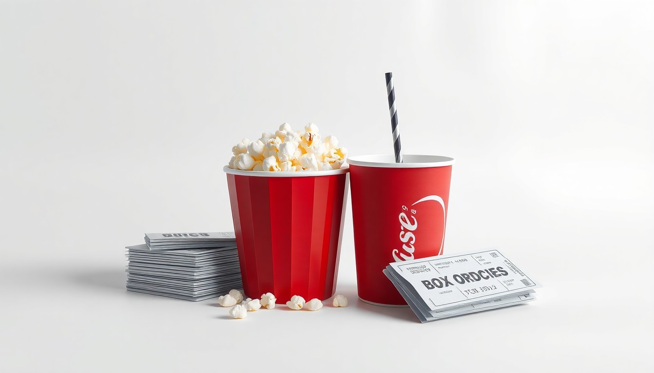 A high-end, photorealistic studio still-life photograph featuring a stack of movie tickets, a tub of popcorn, and a soft drink cup arranged elegantly on a clean, white background, conceptually representing the revival of the cinema industry.