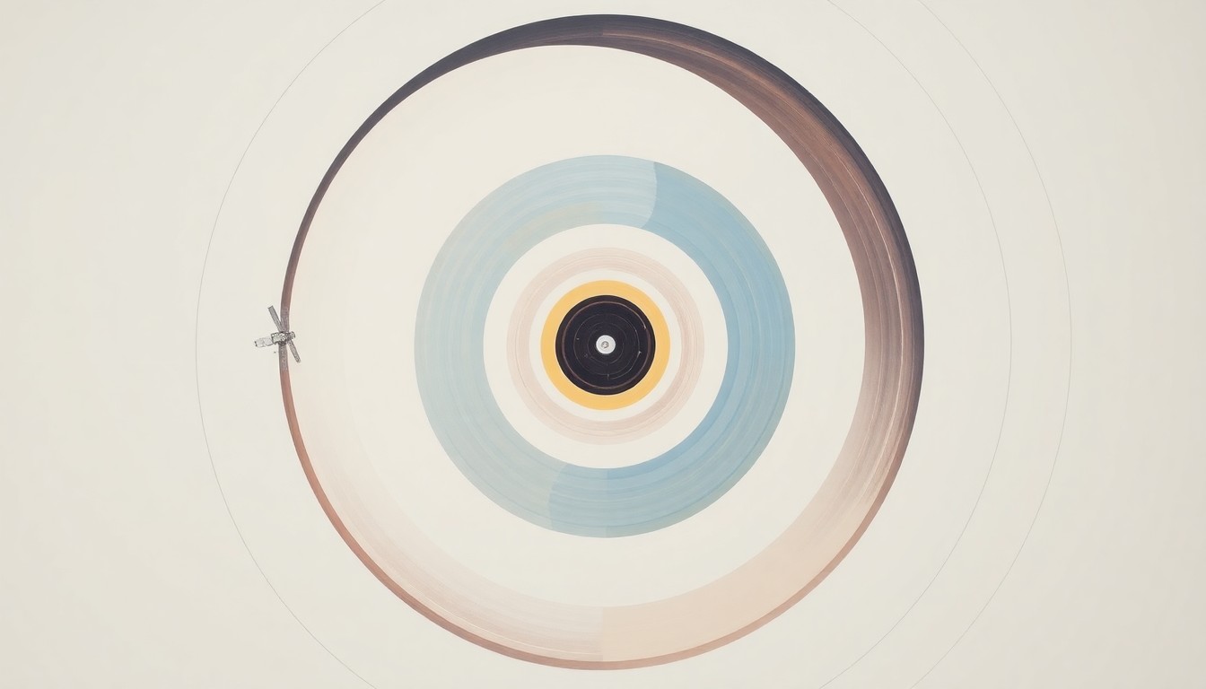 A bold, abstract painting in soft blues, greens, and grays depicting the intricate orbital mechanics and robotic servicing of a satellite, conveying the structural order and complexity of the mission to extend the lifetime of the NASA Swift observatory.