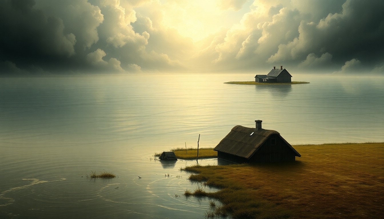 A vast, atmospheric landscape painting in muted tones of blue, gray, and green, depicting a partially submerged farmhouse or barn in the distance, dwarfed by the expansive floodwaters that dominate the scene. The composition conveys a sense of the sublime power of nature and the humbling scale of the disaster.