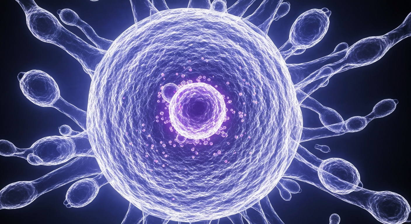 An extreme close-up X-ray image showing the internal molecular structure of a cancer cell surrounded by glowing, ghostly macrophage cells, conceptually representing the mechanism of action of Pheast Therapeutics' PHST001 therapy.