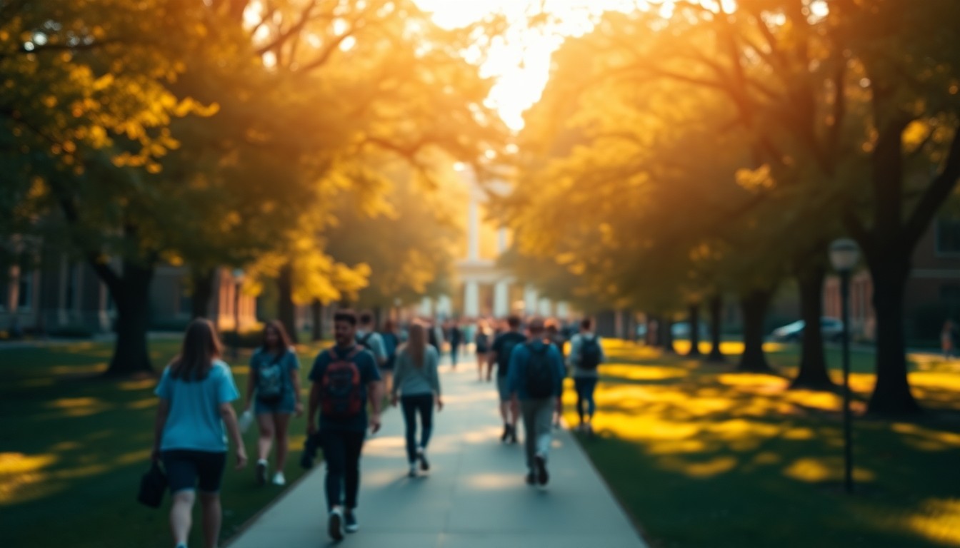 An extremely abstracted, out-of-focus photograph of students walking through a leafy, sun-dappled campus, with soft pools of warm color and light creating a dreamlike, atmospheric quality.