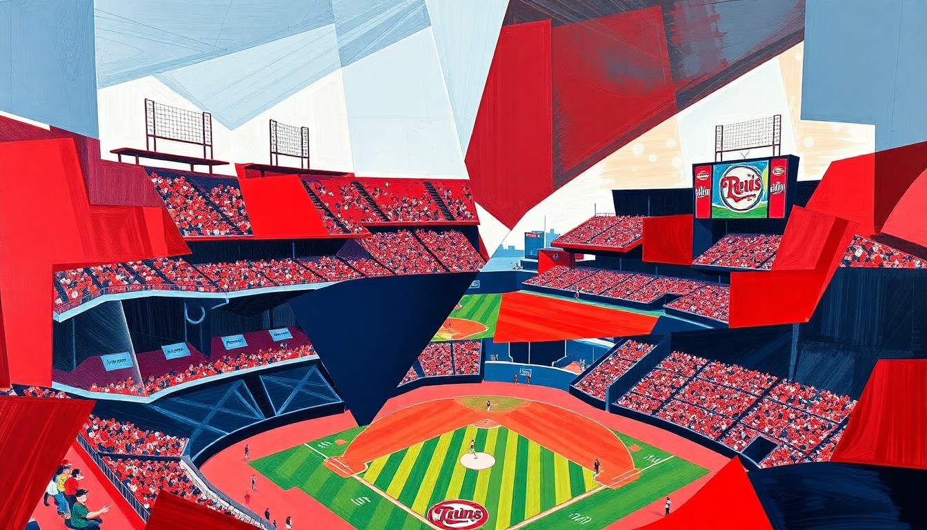 A fragmented, geometric painting depicting a baseball game between the Cincinnati Reds and Minnesota Twins, with overlapping planes of color representing the dynamic action on the field.