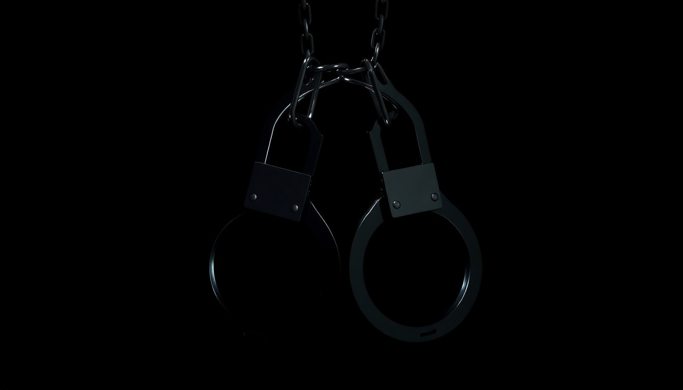 An extreme close-up photograph of a pair of metal handcuffs against a stark black background, conceptually representing the accountability of a perpetrator of child sexual abuse.